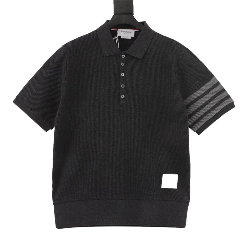 Thom Browne Waffle Four Stripes Short Sleeve Polo Shirt